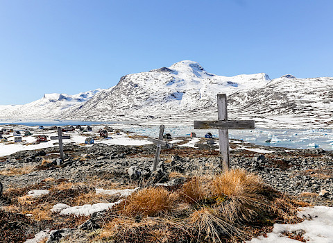 Abandoned cemetery in Qoornoq, Greenland - former fishermen village in the Nuuk fjord